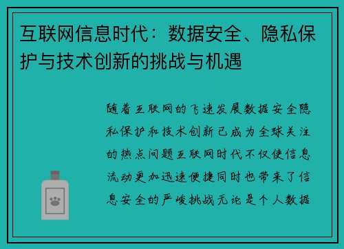 互联网信息时代：数据安全、隐私保护与技术创新的挑战与机遇