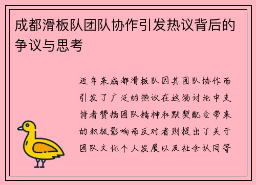 成都滑板队团队协作引发热议背后的争议与思考