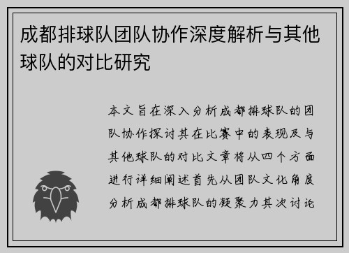 成都排球队团队协作深度解析与其他球队的对比研究